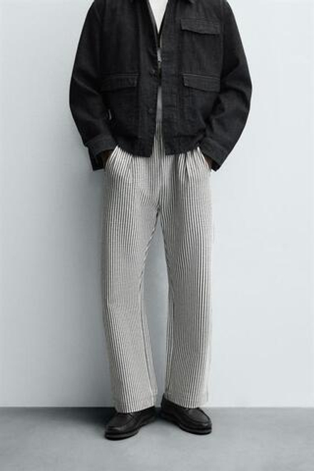 ZARA БРЮКИ ИЗ ЖАТОГО ХЛОПКА В ПОЛОСКУ COMFORT, СИНИЙ/БЕЛЫЙ