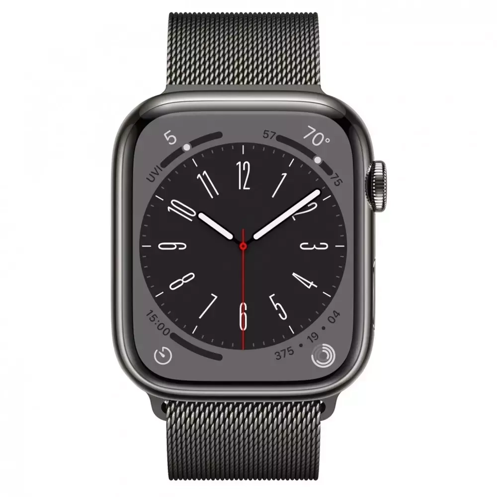 Apple Watch Series 8, 45мм, из стали цвета «графит», миланский сетчатый браслет