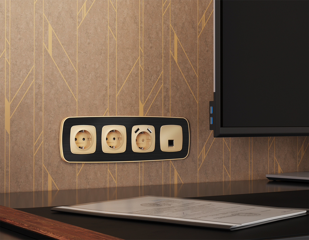 MO612005 Комплект механизма компьютерной розетки RJ-45 экранированной с автоматической защитной шторкой OMEGA Шампань QUANT (OP6120, VM185)