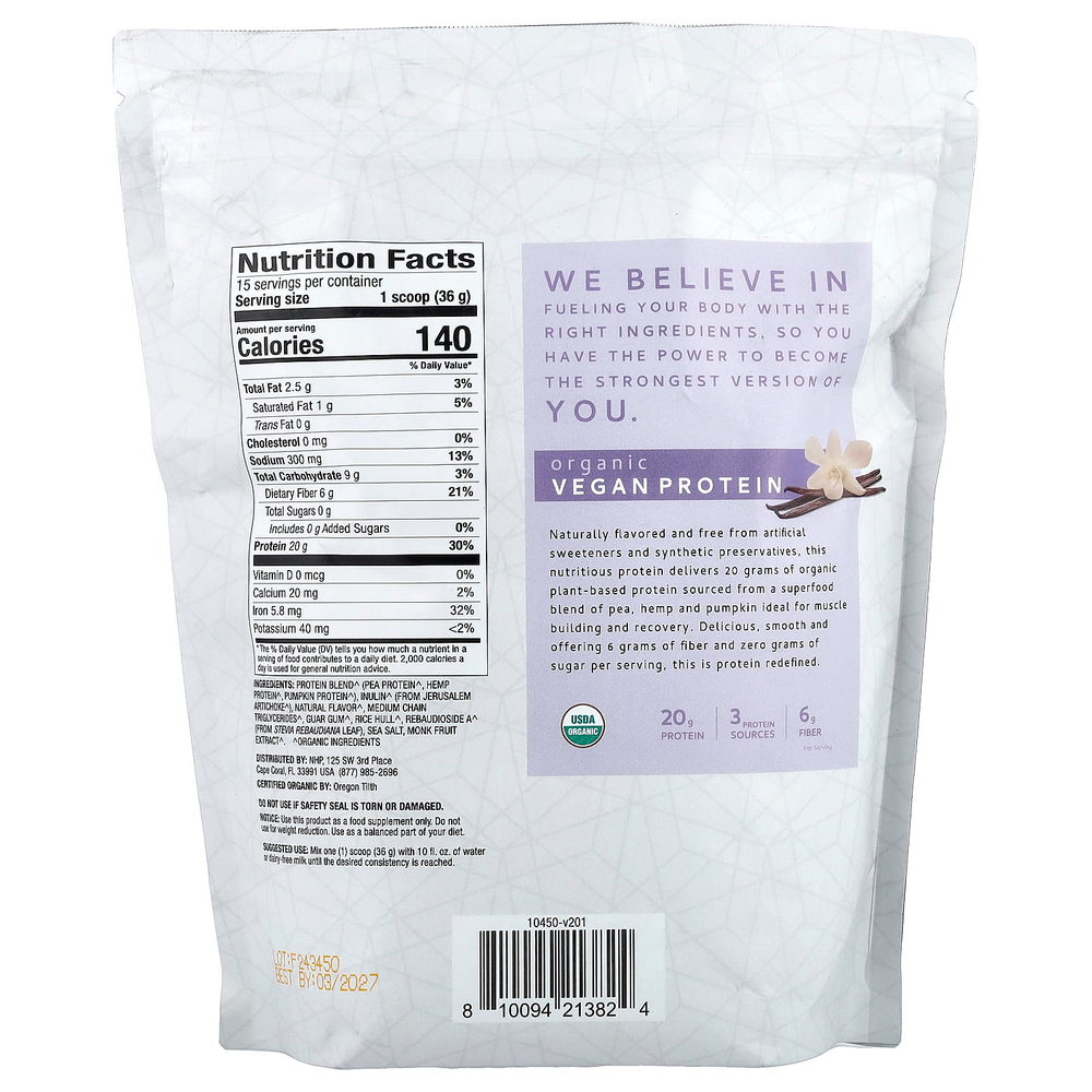 Dr. Mercola, Pure Power, органический веганский протеин, со вкусом ванили, 540 г (1 фунт 3 унции)