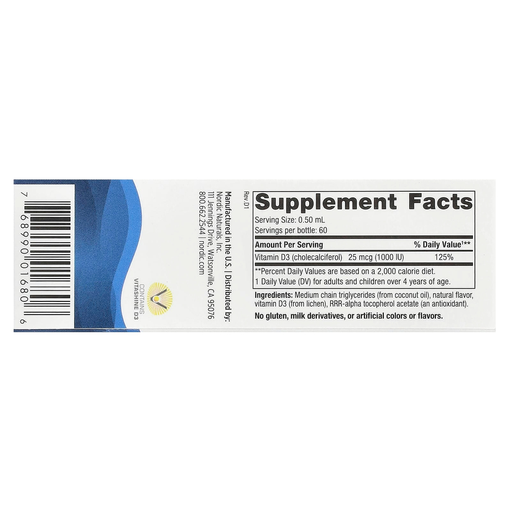 Nordic Naturals, растительный витамин D3, жидкая добавка, со вкусом яблока, 25 мкг (1000 МЕ), 30 мл (1 жидк. унция)