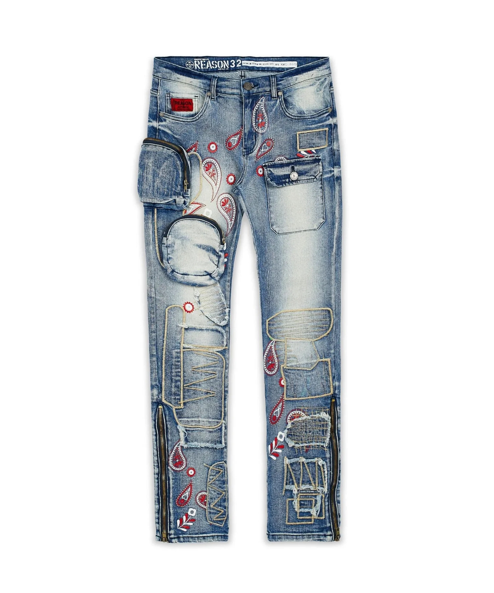 Мужские джинсы REASON Sylvester Multi Pocket Flare Paisley Stich Detail