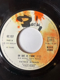 Винтажная виниловая пластинка LP Patrice Romain Oh! Que Je T'Aime (France 1975) 7 дюймов