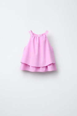 ZARA ТОП ИЗ ПОПЛИНА С ДВОЙНЫМИ ВОЛАНАМИ И КРУЖЕВОМ, РОЗОВЫЙ