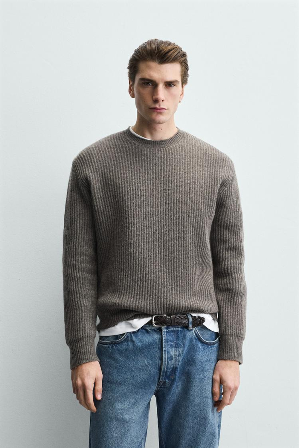 ZARA ШЕРСТЯНОЙ СВИТЕР С ТЕКСТУРНЫМ УЗОРОМ, ЗЕЛЕНЫЙ/СЕРЫЙ