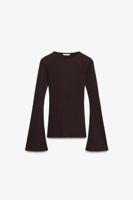 ZARA ФУТБОЛКА В РУБЧИК С РАСКЛЕШЕННЫМИ РУКАВАМИ, ШОКОЛАЛНЫЙ