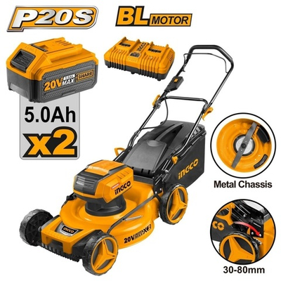Аккумуляторная газонокосилка BL 20В 2хАКБ 5Ач, и ЗУ INGCO LMLI20202 INDUSTRIAL
