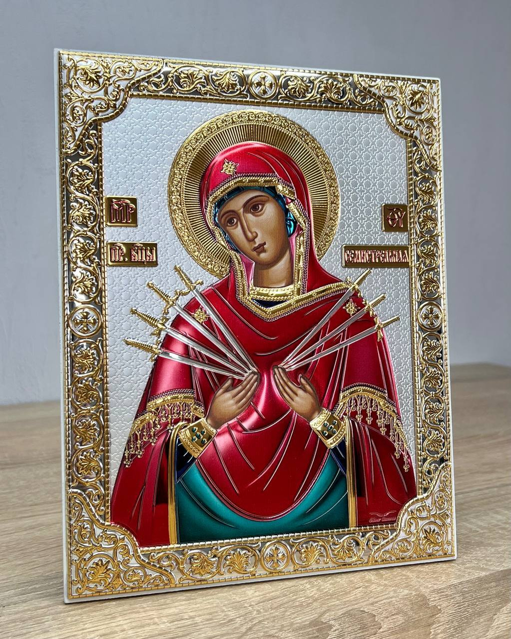 Семистрельная БМ, икона прямоугольная без рамки, белое дерево, эмаль 175х225