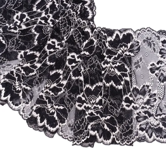 Кружево эластичное черное/молочное 21 см, Китай