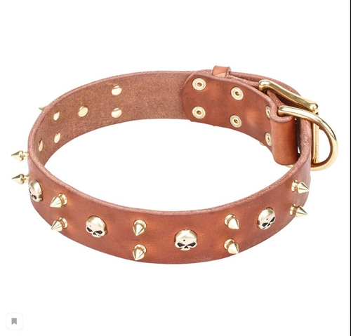 Кожаный ошейник с готическими украшениями в виде черепов "HARD ROCK" натуральный  Латунь С60 50см