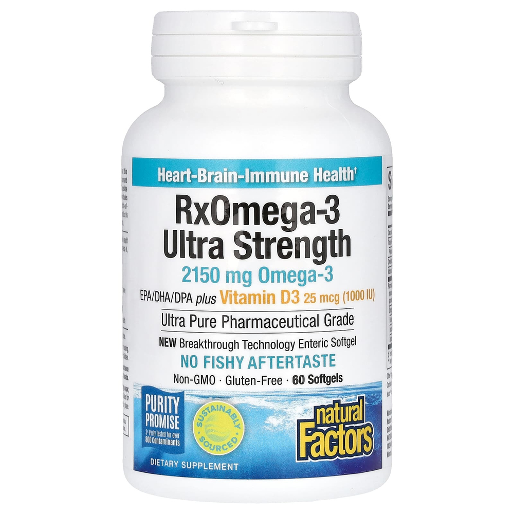 Natural Factors, RxOmega-3, повышенной силы действия с витамином D3, 60 мягких таблеток