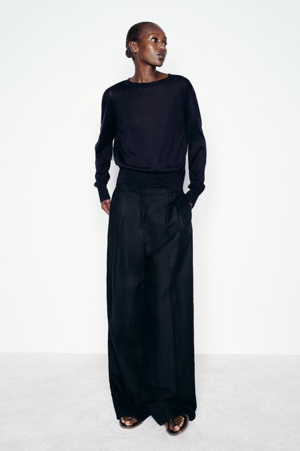 ZARA СВИТЕР ИЗ ТОНКОГО ТРИКОТАЖА С КОНТРАСТНЫМ БАНТОМ, МОРСКОЙ СИНИЙ