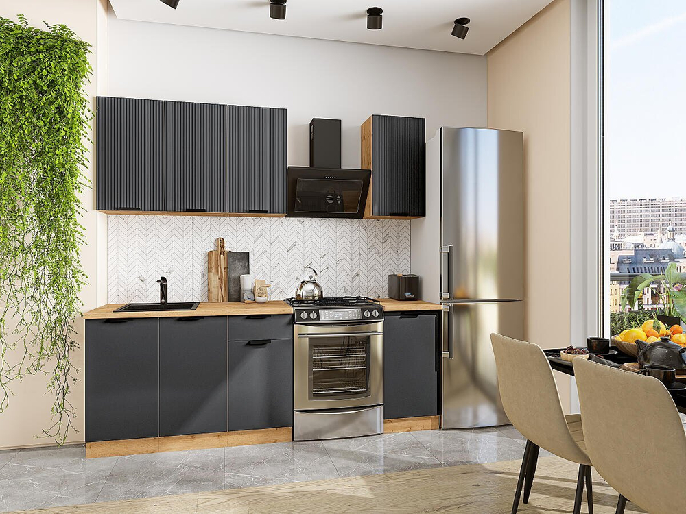 Прямая модульная кухня Евро Лайн-06 Антрацит - Дуб Вотан 2140*1400*600