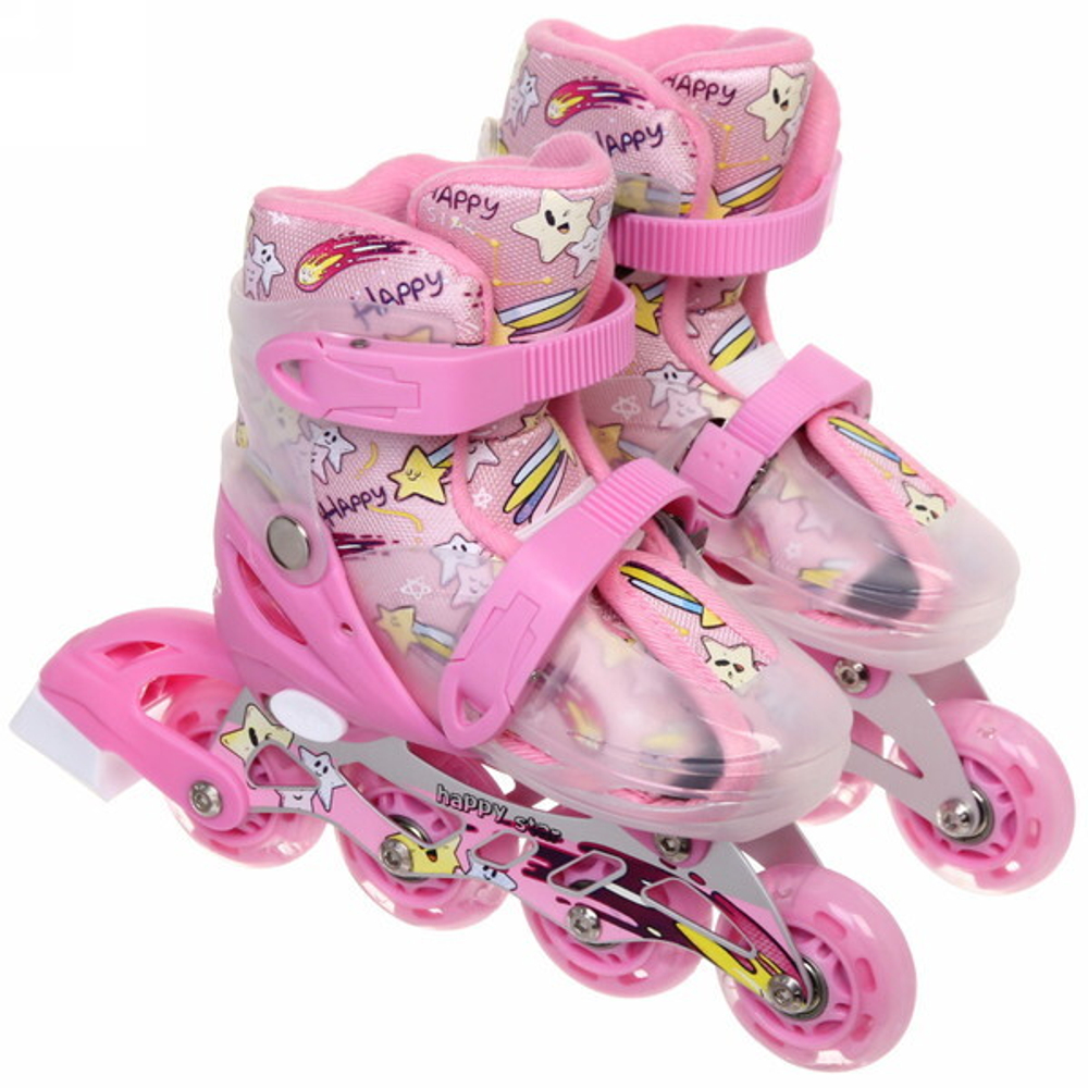 Коньки роликовые раздвижные Happy Star 668AT в наборе: шлем, защита, размер S (29-33), розовый