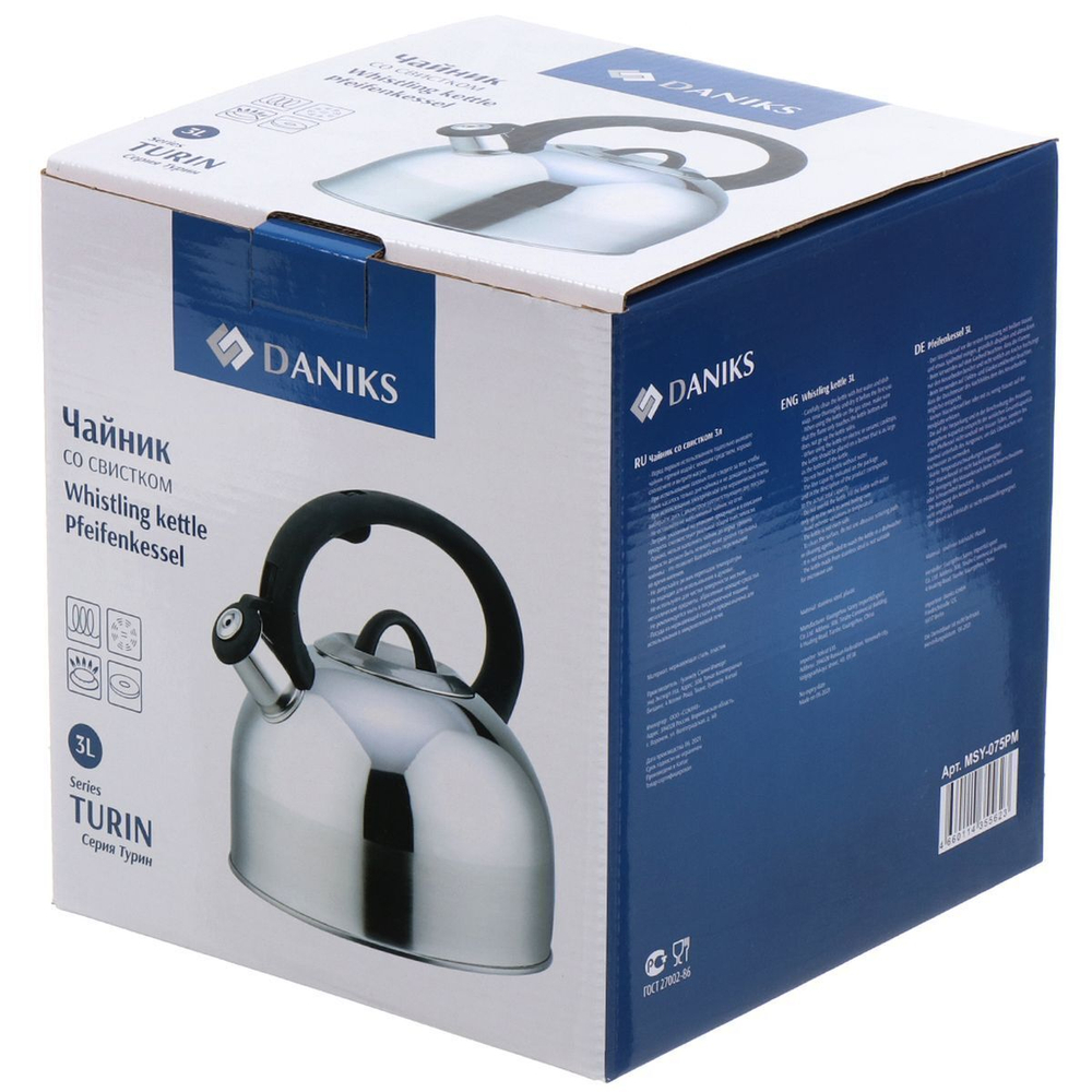 Чайник нерж, 3 л, свист, ручк бакелит, с силик покр, Daniks, Турин, индукц, MSY-075PM