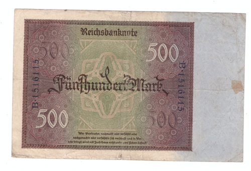 Германия. Рейхсбанк. 500 марок 1922 г. Литера А. Серия В. № 1516115.