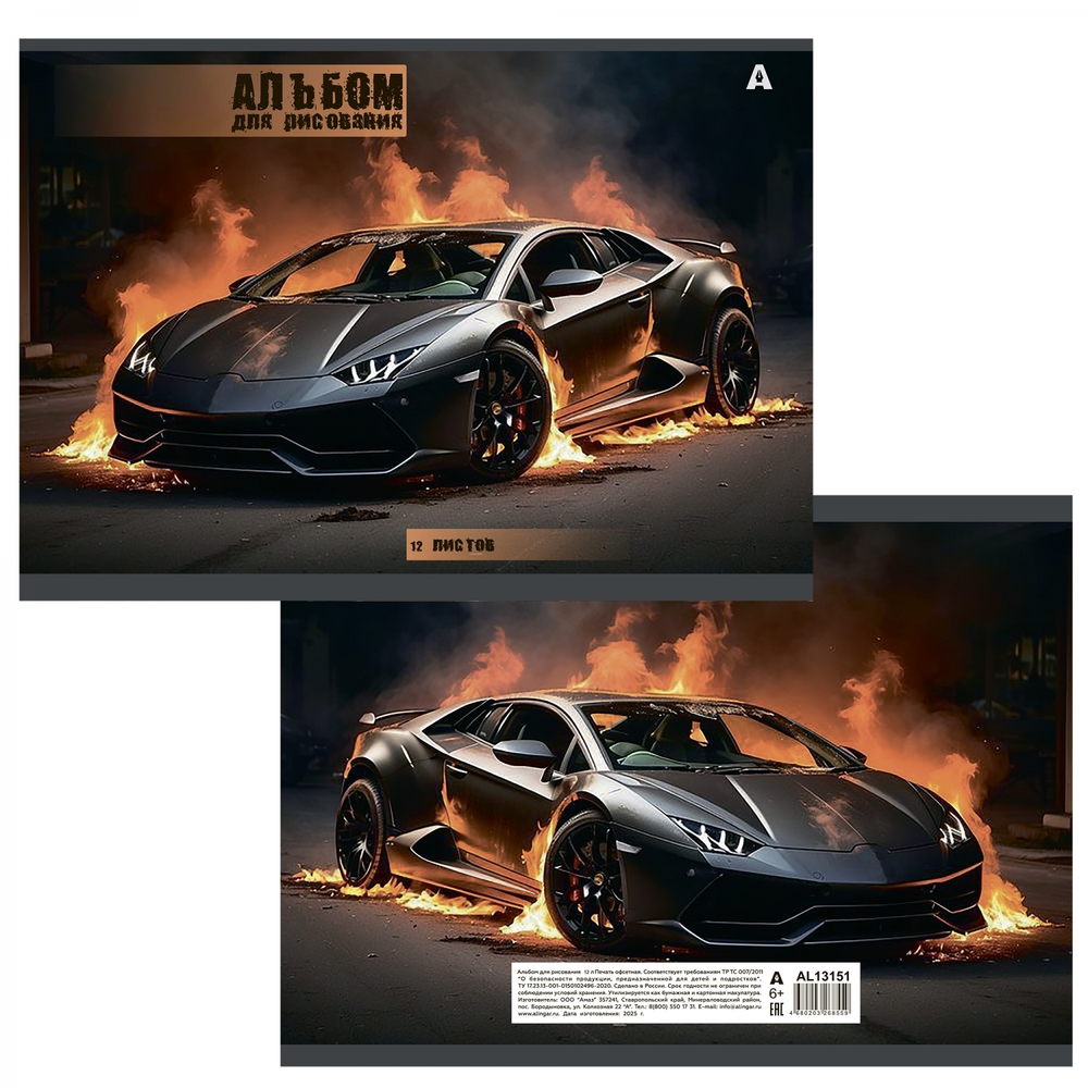Альбом для рисования А4 12л., Alingar, на скрепке, мелованный картон (стандарт), 100 г/м2, "Авто", 4 дизайна в пленке т/у