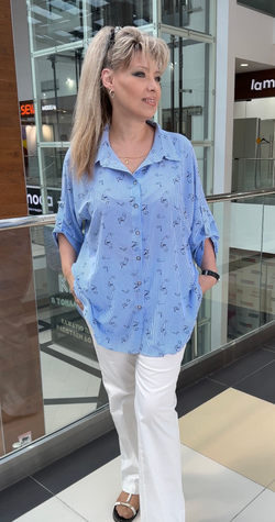 Голубая в мелкую полоску блузон-рубашка на пуговицах