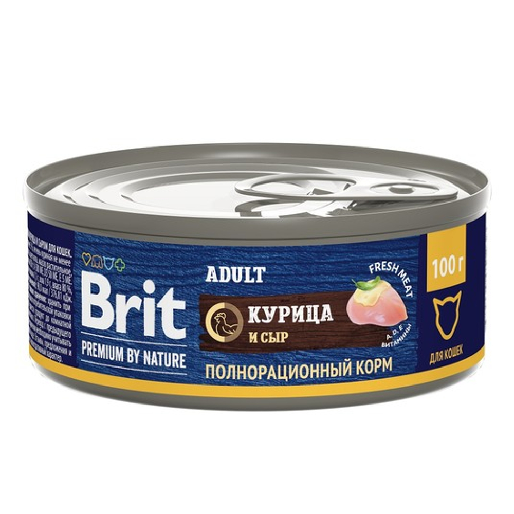 Влажный корм консервы для кошек Брит BRIT PREMIUM BY NATURE с мясом курицы и сыром 0,1кг 12 упаковок