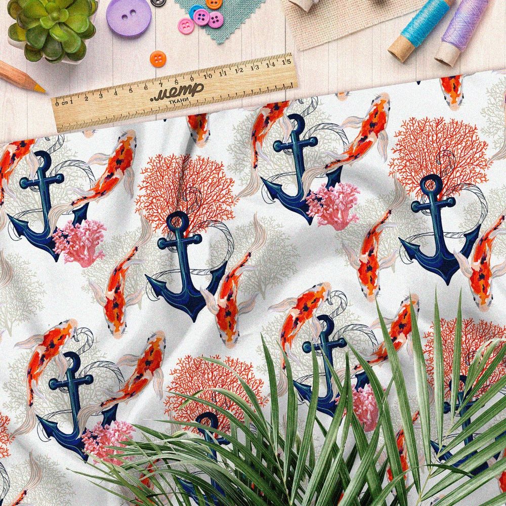 Ткань интерлок якорь золотые карпы кораллы
