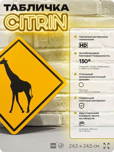 Табличка прикольная "Осторожно, жираф" на дверь и стену, информационная и предупреждающая, декоративный знак, 24,5х24,5 см, пластиковая, Айдентика Технолоджи