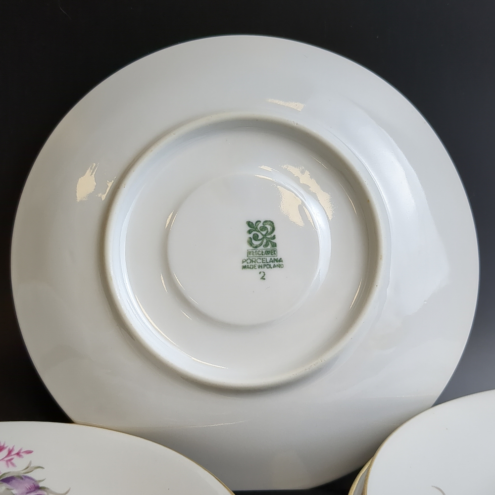 Чайные пары набор на 4 персоны фарфор, изящные цветы, Wloclawek porcelana, золочение, винтаж Польша, времён СССР 1967-1973 гг
