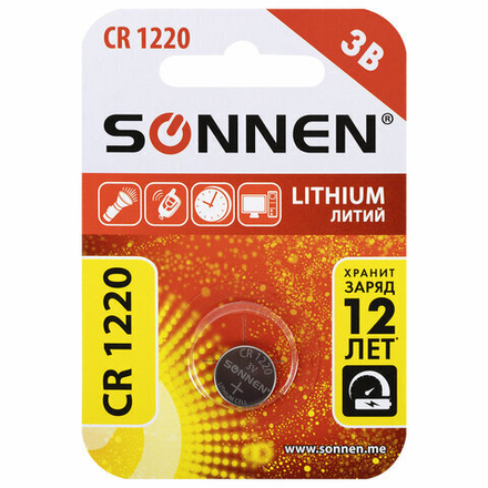 Батарейка литиевая SONNEN Lithium CR1220 "таблетка, дисковая, кнопочная" 1 шт., блистер, 455597