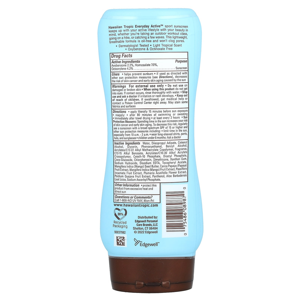 Hawaiian Tropic, Высокоэффективное солнцезащитное средство Island Sport с SPF 30, легкий тропический аромат, 236 мл