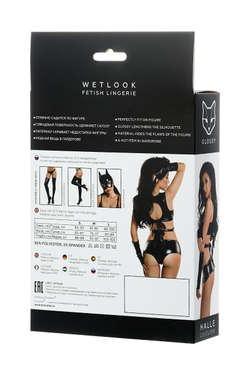 Glossy HALLE - Комплект из материала Wetlook (топ, мини-шорты и перчатки), черный, S