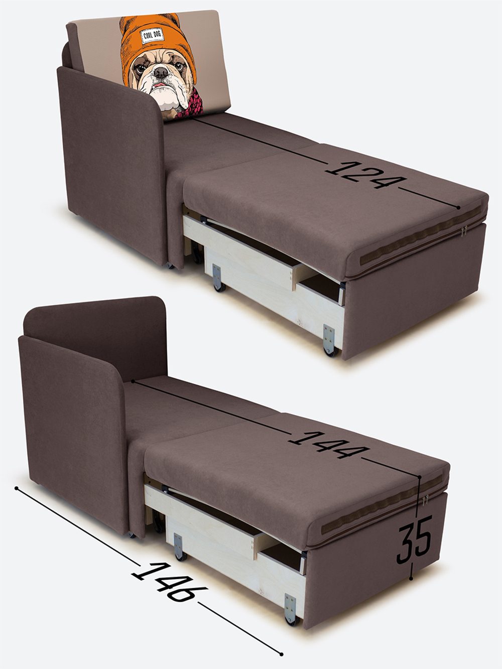 Кресло-кровать "Миник" с правым подлокотником, под правую руку, велюр Dream Chocolate, Бульдог