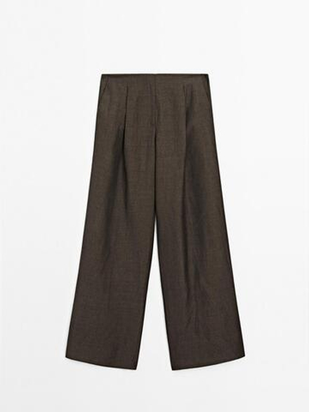 Massimo Dutti Брюки свободного кроя из смесового льна со складками, коричневый
