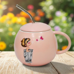 Керамическая кружка с крышкой, голубой/розовый/желтый, 430мл