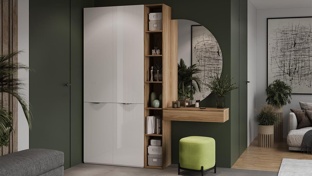 Прихожая с зеркалом комплект мебели Белый Жемчуг/Яблоня Беллуно/Белый глянец 197х37х217 см