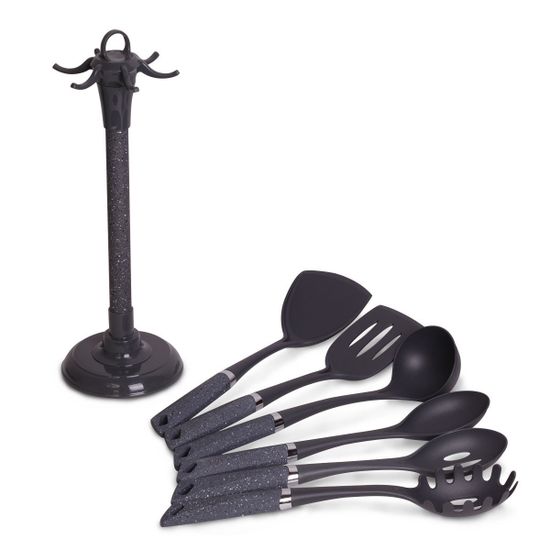 Набор кухонных принадлежностей 7 предметов Kamille КМ-5030В нейлоновые с ручками под мрамор на подставке