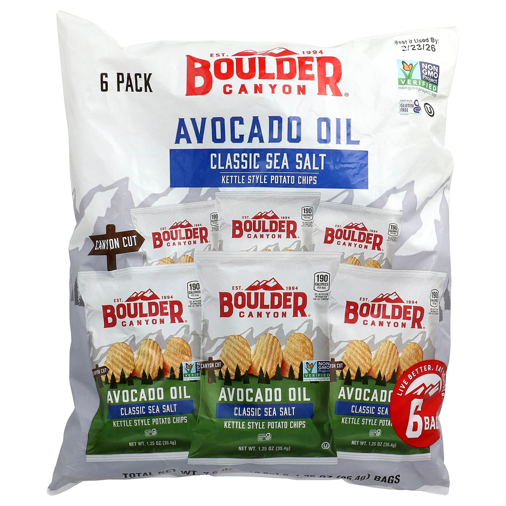 Boulder Canyon, Картофельные чипсы, в масле авокадо, классическая морская соль, 6 пакетиков по 35,4 г (1,25 унции)