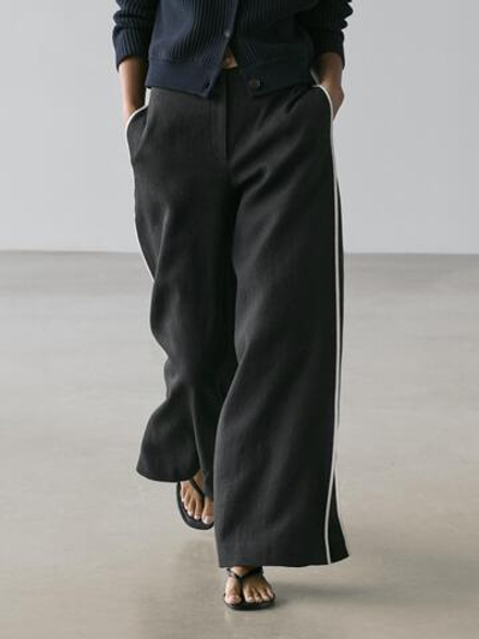 Massimo Dutti Льняные брюки с контрастной окантовкой, черный