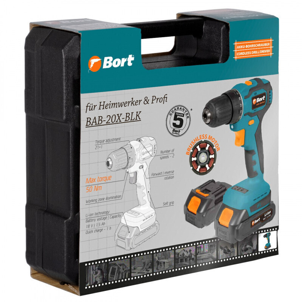 Дрель-шуруповерт аккумуляторная Bort BAB-20X-BLK