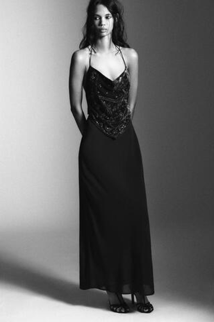 ZARA ДЛИННОЕ БАРХАТНОЕ ПЛАТЬЕ С БУСИНАМИ, ТЕМНЫЙ СВИНЕЦ