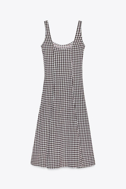ZARA ПЛАТЬЕ В КЛЕТКУ ВИШИ, КОРИЧНЕВЫЙ