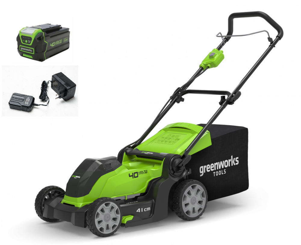 Аккумуляторная газонокосилка Greenworks G40LM41K5, 40v, 41 см, АКБ 5 А·ч и ЗУ