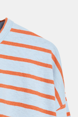 ZARA ФУТБОЛКА ИЗ ХЛОПКА И ЛЬНА В ПОЛОСКУ, ПАСТЕЛЬНО-СИНИЙ