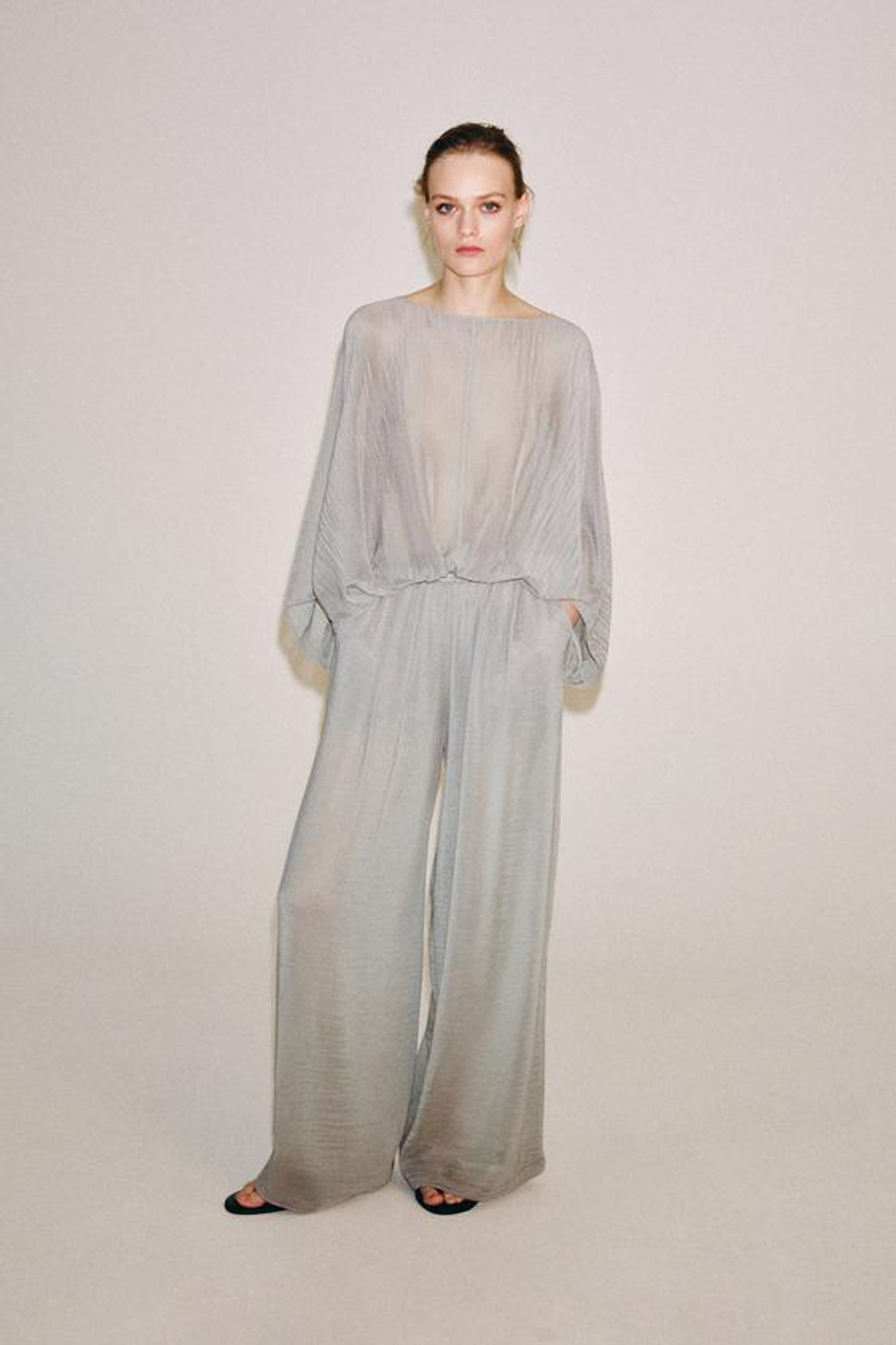 ZARA ПОЛУПРОЗРАЧНЫЕ БРЮКИ ПАЛАЦЦО, МЯГКИЙ СЕРЫЙ