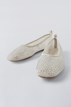 ZARA БАЛЕТКИ СО СТРАЗАМИ, КРЕМОВЫЙ