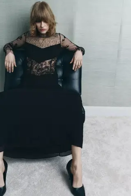 ZARA КОМБИНИРОВАННОЕ ПЛАТЬЕ С КРУЖЕВОМ С БУСИНАМИ, ЧЕРНЫЙ