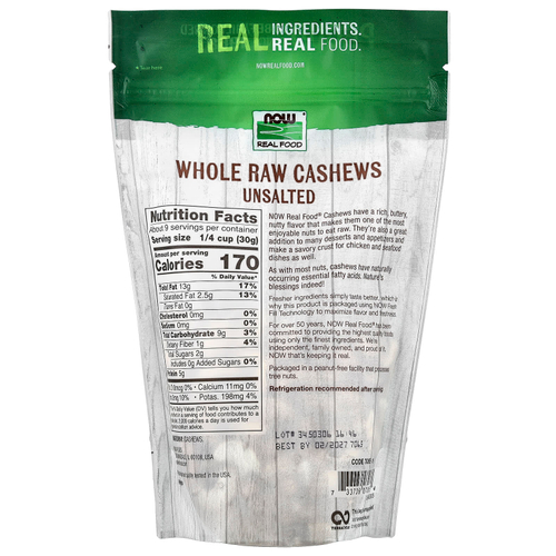 NOW Foods, Real Food, цельные необработанные кешью, несоленые, 284 г (10 унций)