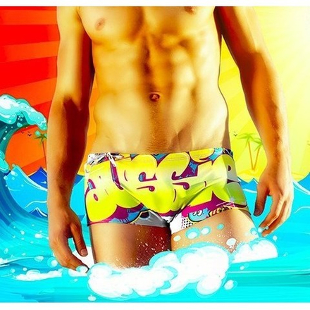 Мужские плавки хипсы разноцветные с желтым граффити Aussiebum YOO Swimwear