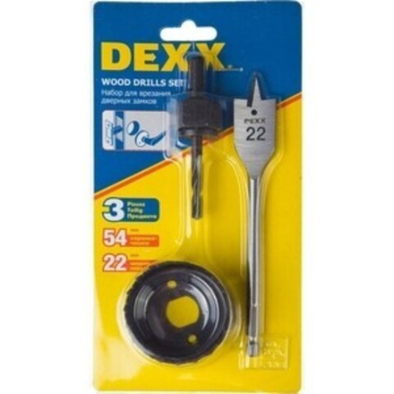 Набор для врезки замков DEXX: Коронка-чашка d=54мм,  сверло перовое d=22мм, центрирующее сверло d=6м