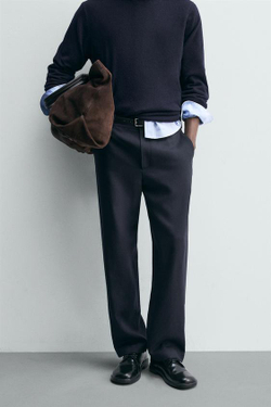 ZARA ПРЯМЫЕ БРЮКИ ИЗ 100% ШЕРСТИ, МОРСКОЙ СИНИЙ