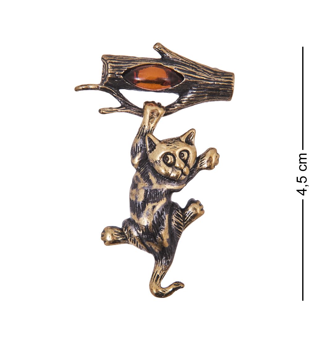 AM-4170 Брошь «Кот - Спасите» (латунь, янтарь)