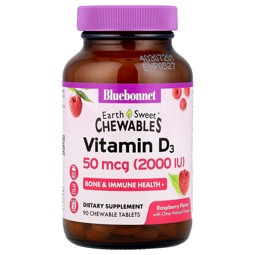 Bluebonnet Nutrition, Earth Sweet Chewables, витамин D3, со вкусом малины, 2000 МЕ, 90 жевательных таблеток